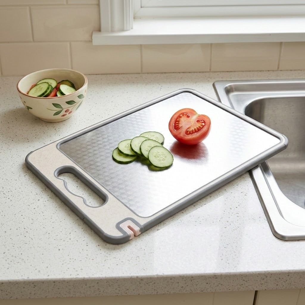 A rectangular stainless steel cutting board with a gray handle and raised edges sits on a kitchen countertop beside a sink. Sliced cucumbers and a tomato half are placed on the board, with a bowl of sliced vegetables nearby.