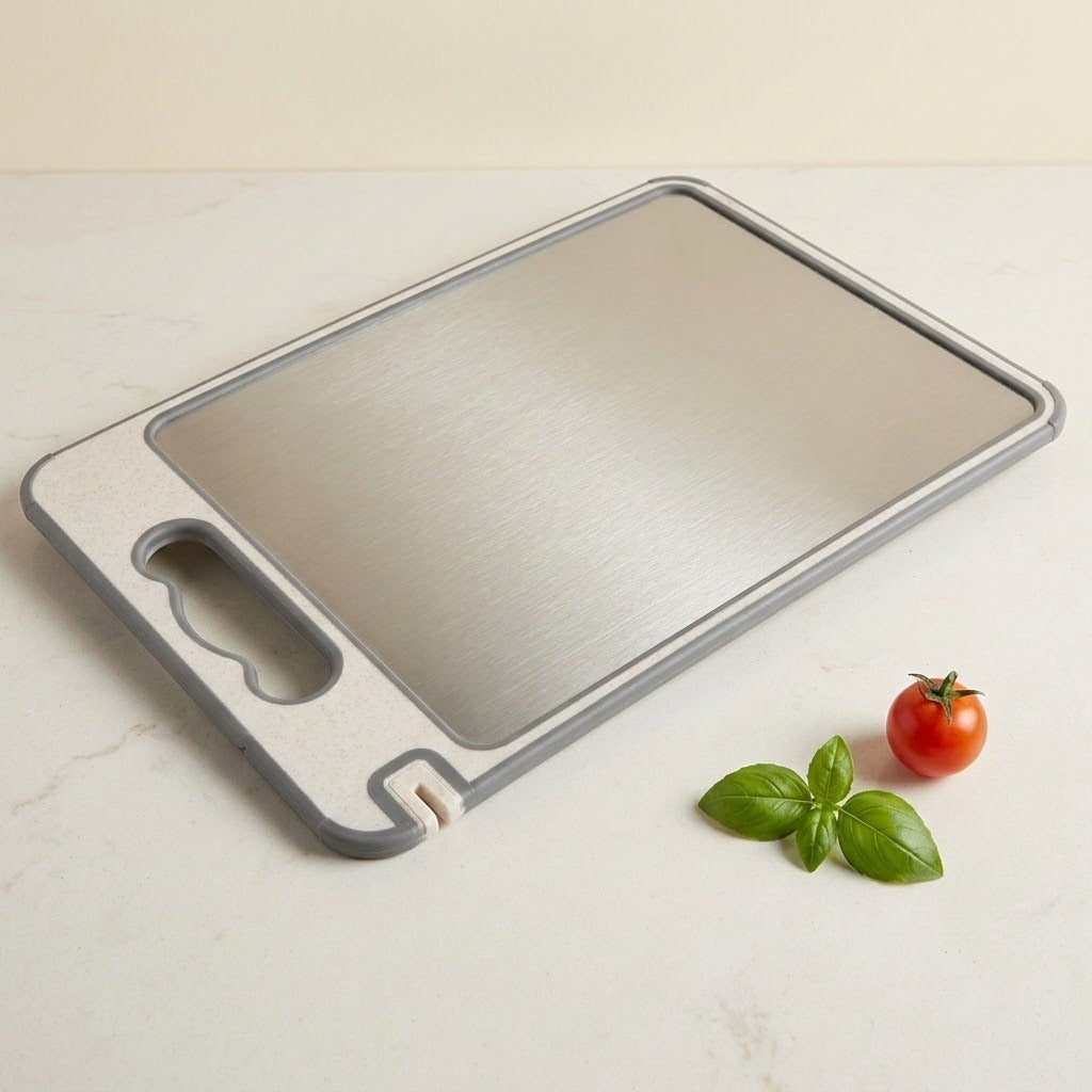A rectangular stainless steel cutting board with a gray textured border and a built-in handle cutout, shown on a light marble surface next to a small tomato and basil leaves.