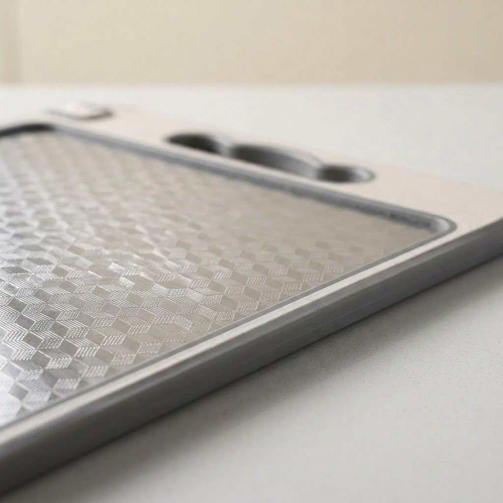 Close-up of a metallic silver tray or plate with a textured diamond-patterned center and rounded corners, resting on a light surface.