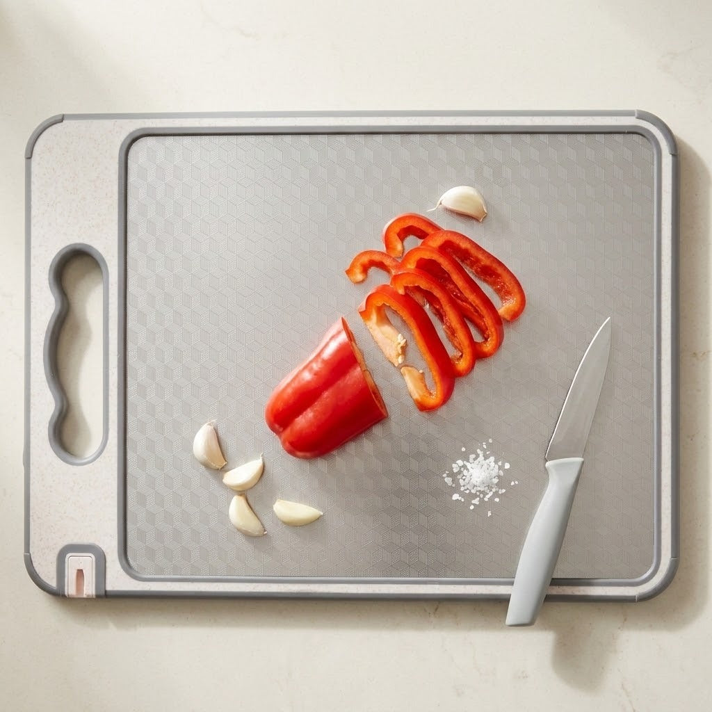 A gray textured rectangular cutting board with a built-in handle, shown on a light beige countertop. On the board are sliced red bell peppers, garlic cloves, a white-handled knife, and a small pile of salt.