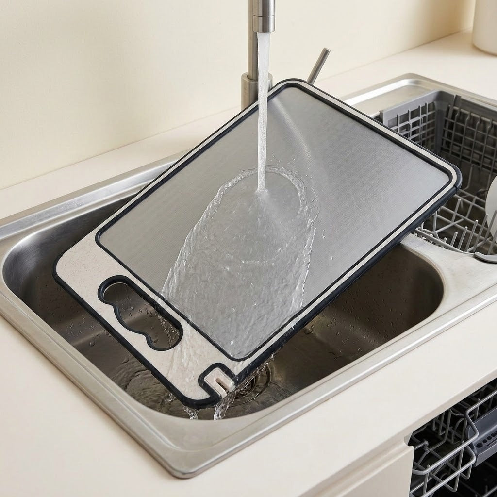 A rectangular stainless steel cutting board with a black handle and rim, shown in a sink under running water with a dishwasher visible in the background.