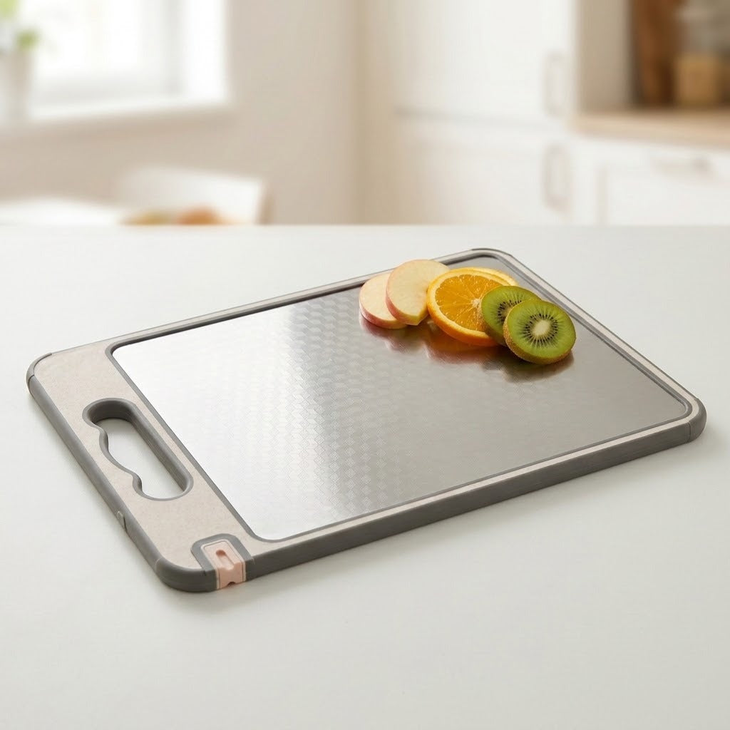 A rectangular gray cutting board with a textured non-slip surface and a handle cutout on one end, shown on a white table with sliced fruit on top in a softly blurred kitchen setting.