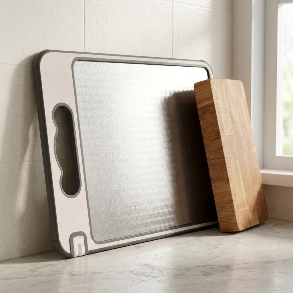 A rectangular stainless steel cutting board with a gray handle and border, leaning against a tiled kitchen wall next to a wooden cutting board near a window.