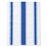 One blue striped cotton tea towel lies alone on a white studio background.