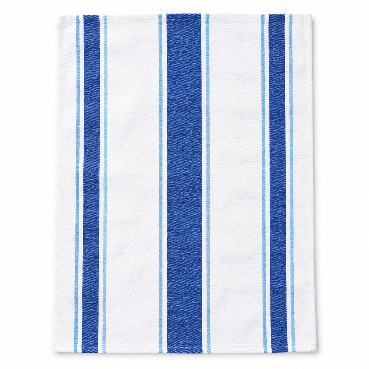 One blue striped cotton tea towel lies alone on a white studio background.
