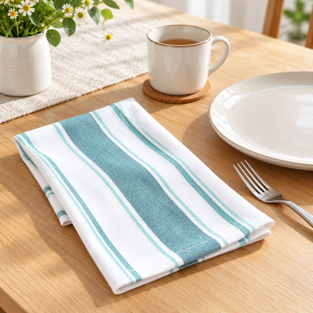 Green striped cotton tea towel lies beside a plate and cup as a reusable table napkin.