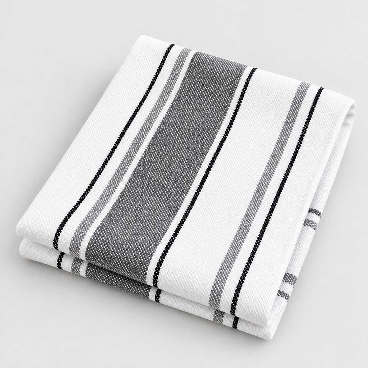 Gray striped cotton tea towel folded on a light gray studio background.
