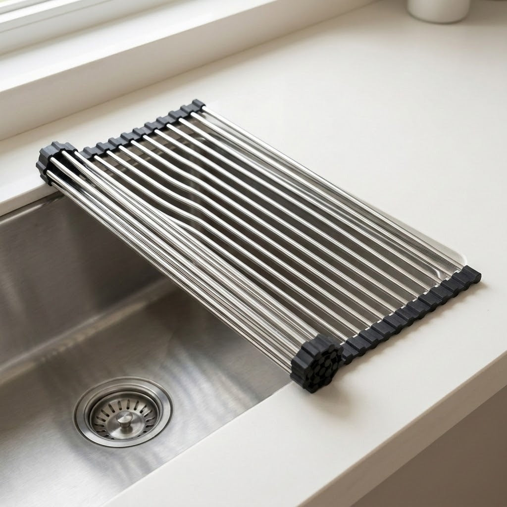 A stainless steel collapsible sink drain guard with black plastic end caps, shown draped over the edge of a stainless steel kitchen sink on a white countertop.