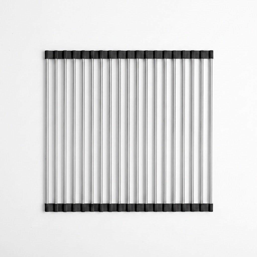A square metal wire rack with vertical bars and black end caps, shown against a plain white background.