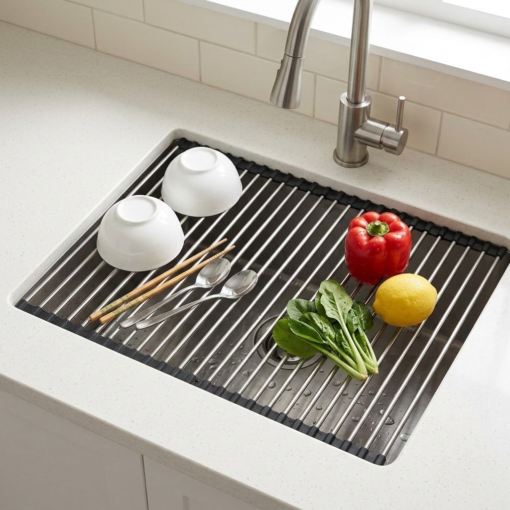A black slotted sink drain guard or drying rack placed in a white kitchen sink, with bowls, chopsticks, spoons, spinach, a red bell pepper, and a lemon resting on it.