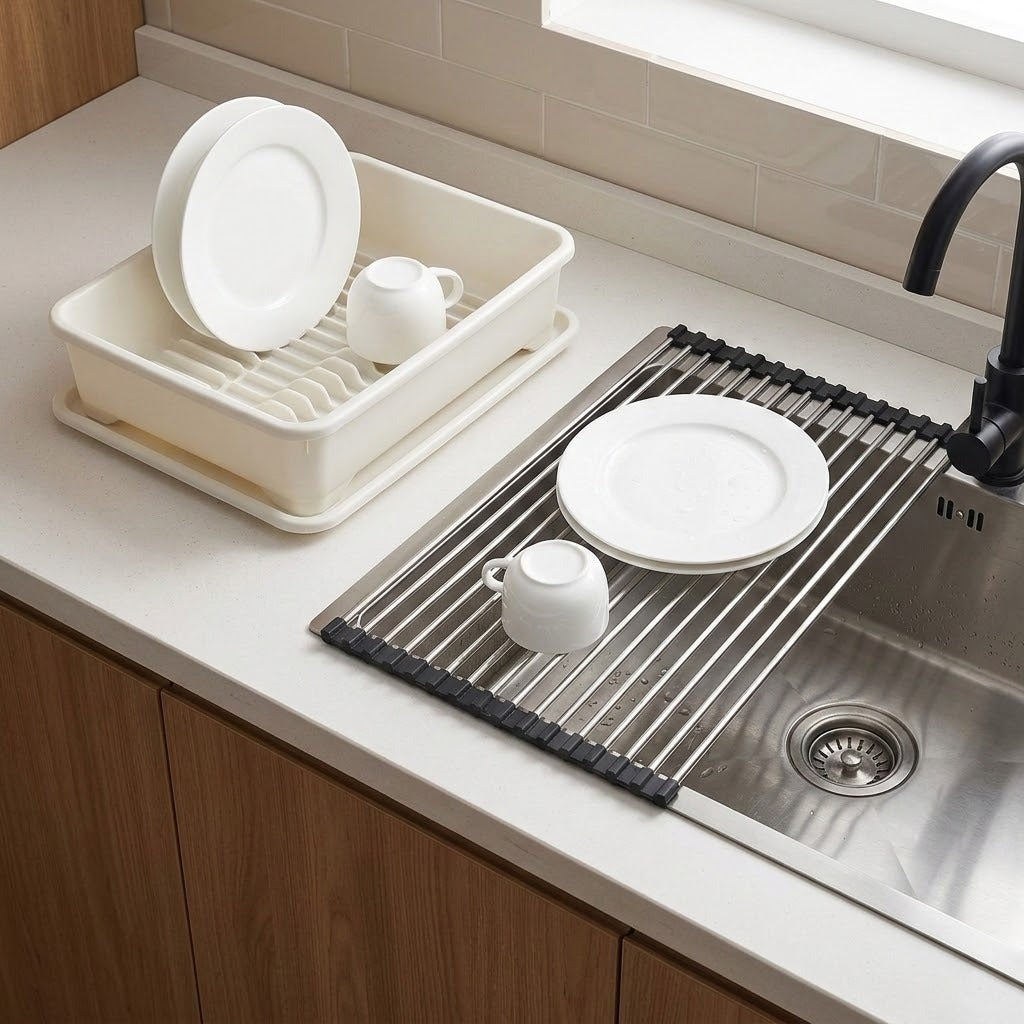 A kitchen countertop scene showing a white plastic dish rack with white dishes on the left and a stainless steel sink drain guard with white dishes on the right. The background includes a beige tiled wall, window light, and wooden cabinets.