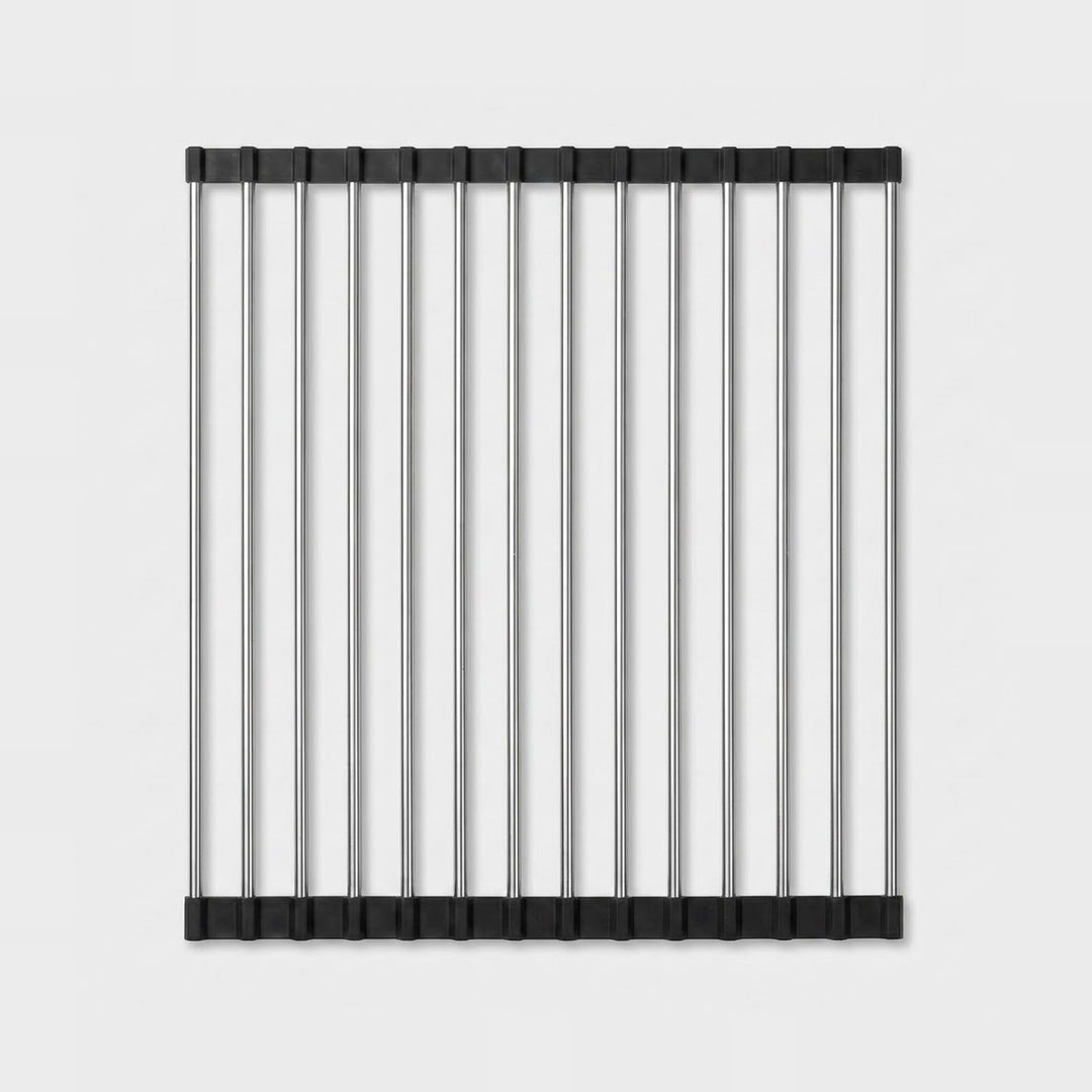 A square metal wire rack or divider with ten vertical silver bars and black top and bottom bands, shown on a light gray background.