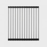 A square metal wire rack or divider with ten vertical silver bars and black top and bottom bands, shown on a light gray background.
