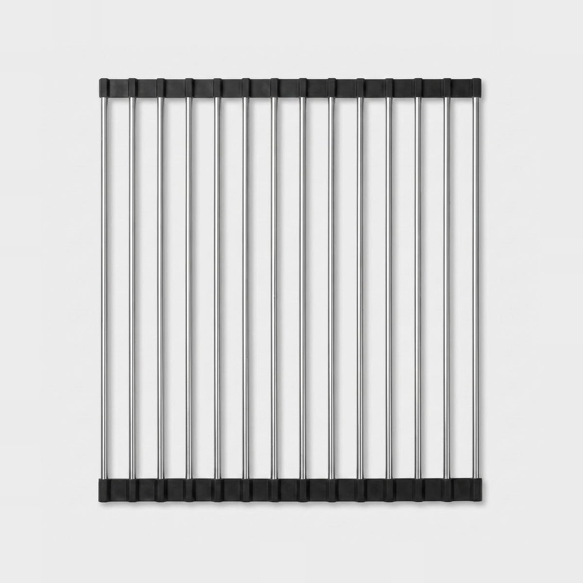 A square metal wire rack or divider with ten vertical silver bars and black top and bottom bands, shown on a light gray background.