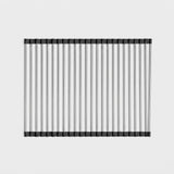 A rectangular metal mesh screen or grate with thin vertical silver bars and black end caps, shown against a plain light gray background.