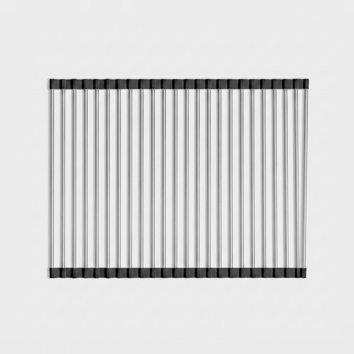 A rectangular metal mesh screen or grate with thin vertical silver bars and black end caps, shown against a plain light gray background.