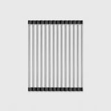 A rectangular metal wire rack or shelf with vertical bars and black end caps, shown centered on a light gray background.