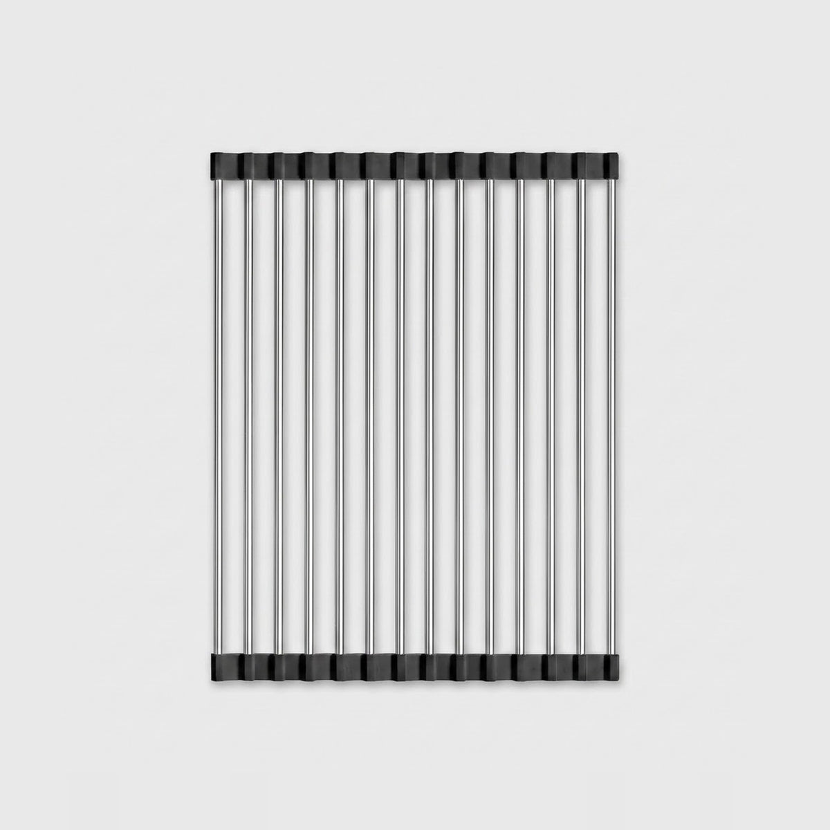 A rectangular metal wire rack or shelf with vertical bars and black end caps, shown centered on a light gray background.