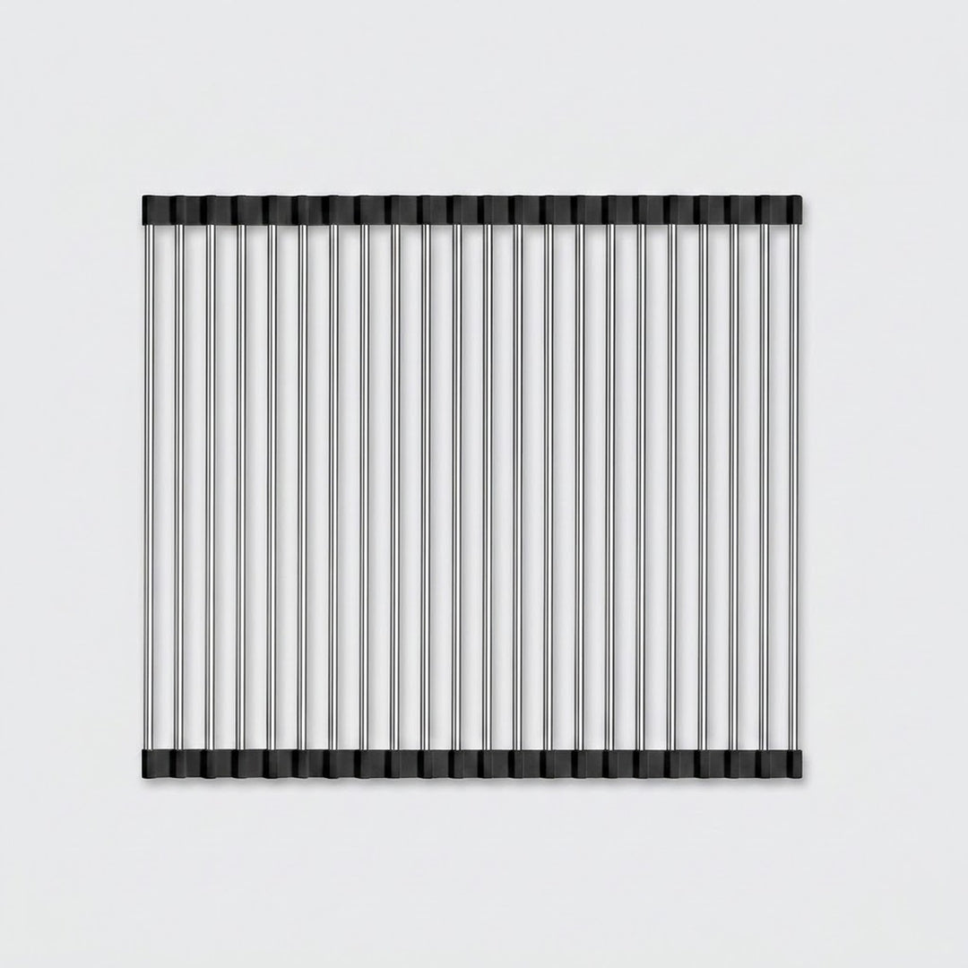 A rectangular metal wire rack or grate with thin vertical silver bars and black end caps, shown against a light gray background.
