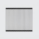 A rectangular metal wire rack or grate with thin vertical silver bars and black end caps, shown against a light gray background.