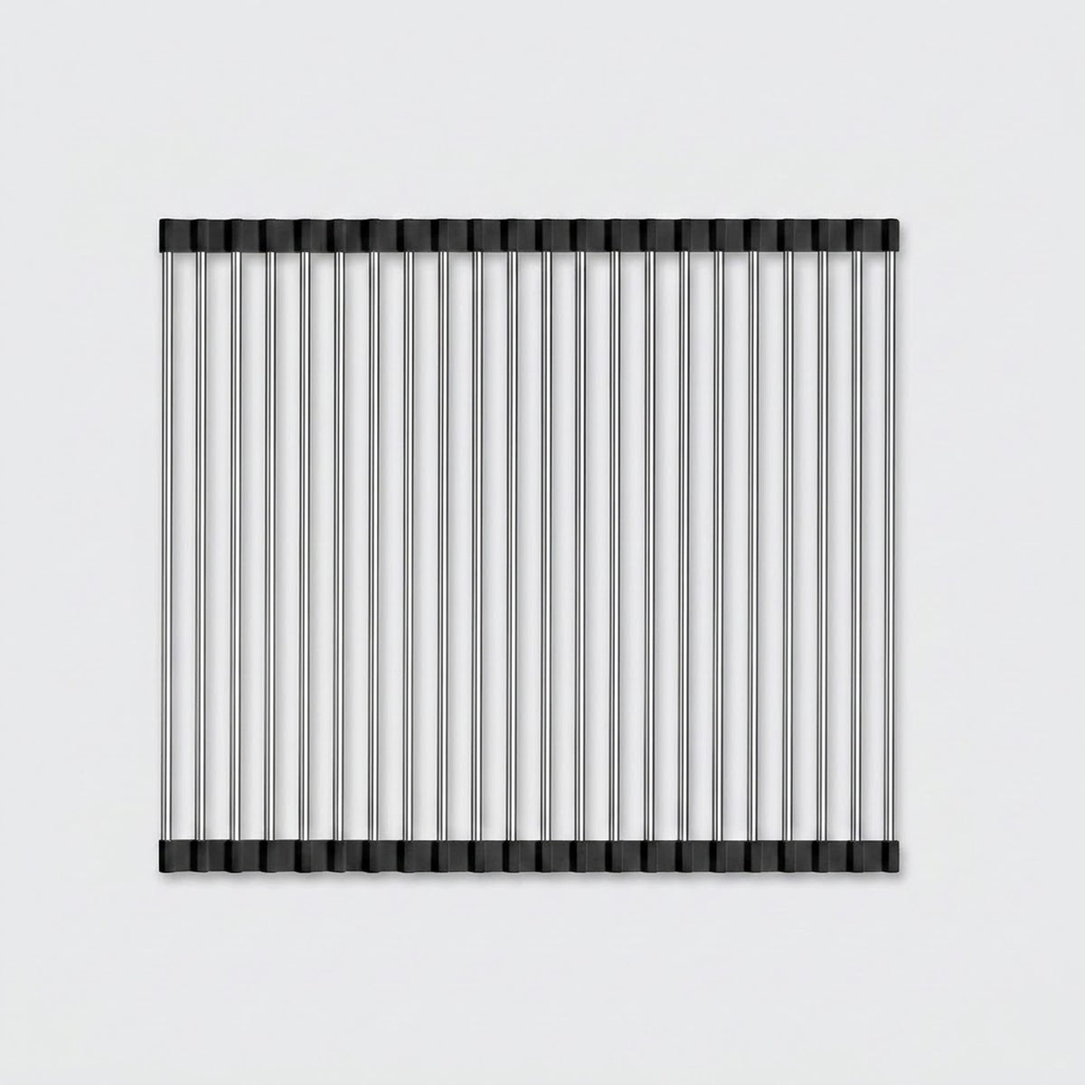 A rectangular metal wire rack or grate with thin vertical silver bars and black end caps, shown against a light gray background.
