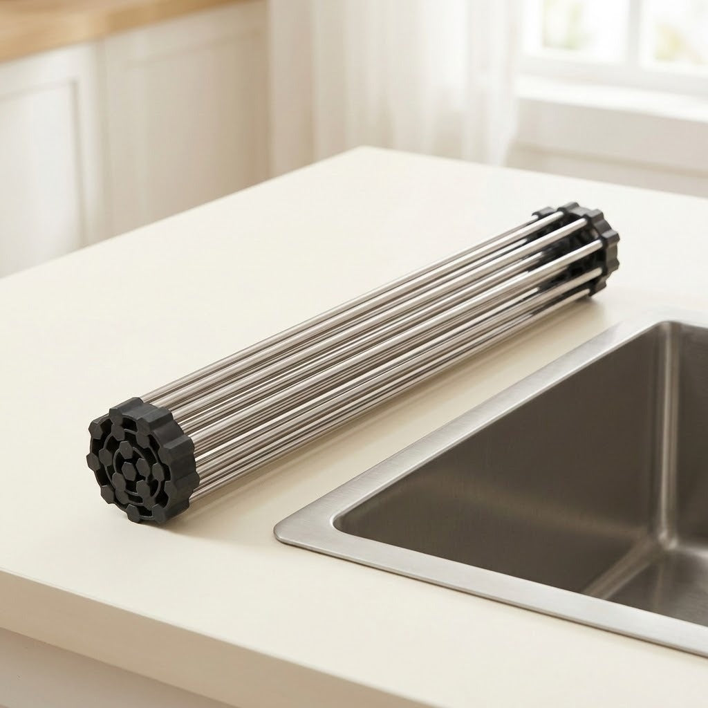 A stainless steel and black plastic kitchen utensil with multiple parallel rods, resting on a white countertop next to a stainless steel sink in a bright kitchen.