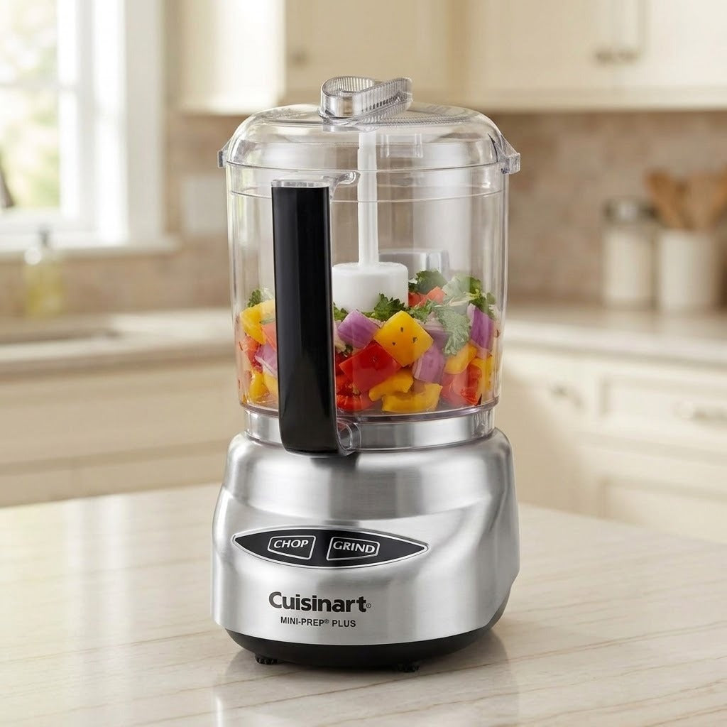 Cuisinart Mini Prep Plus food chopper with a silver base, clear container, and black handle, shown blending colorful vegetables on a kitchen countertop.