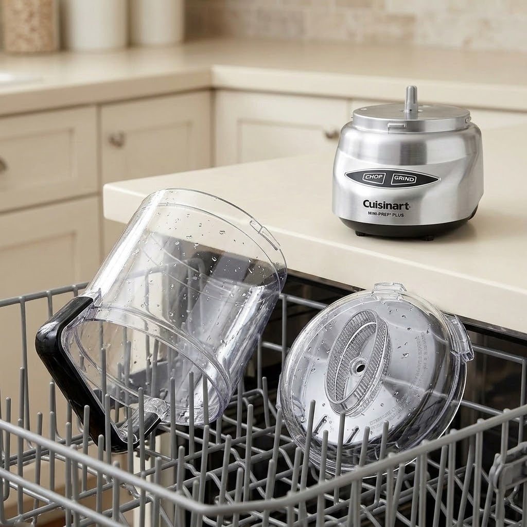 Cuisinart countertop blender base with two clear plastic pitcher and lid components resting in a dishwasher, set in a kitchen environment.