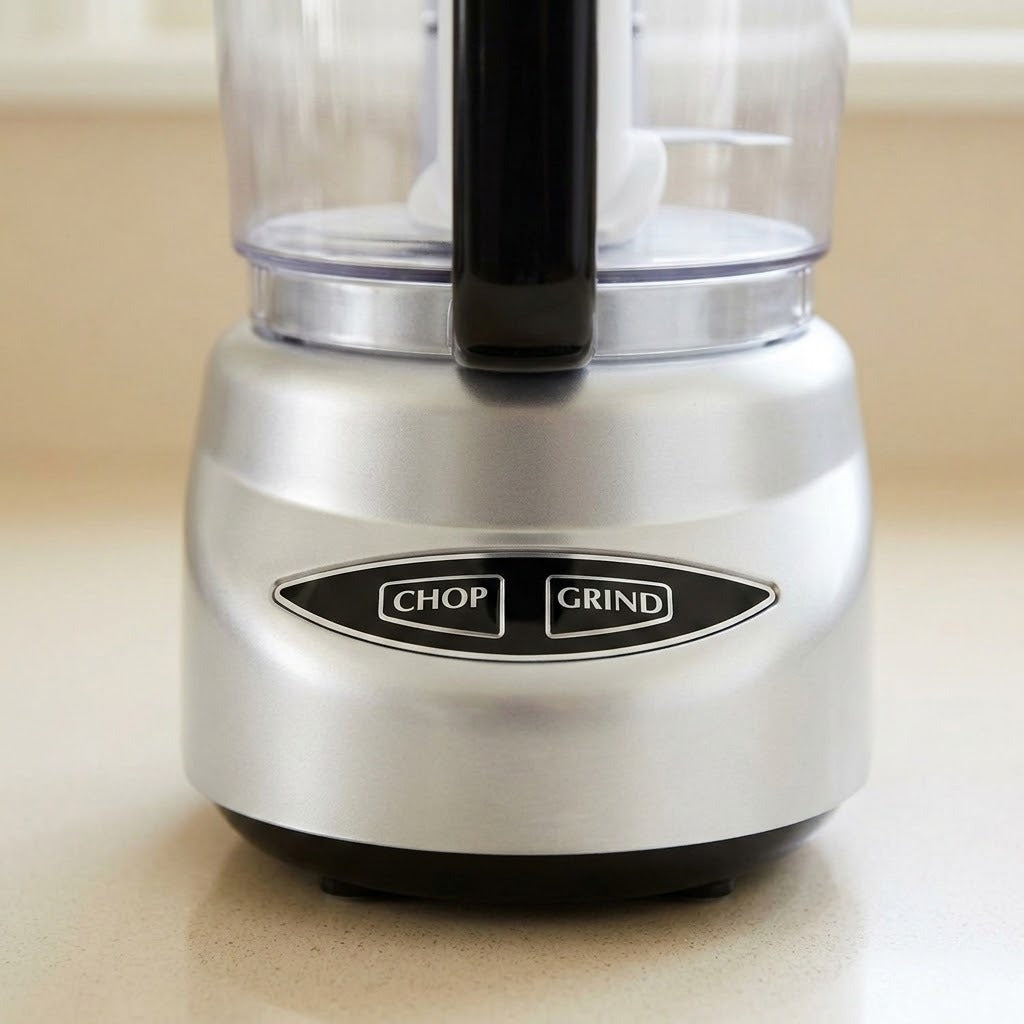 A close-up of a countertop food processor with a brushed silver metal base, black buttons labeled CHOP and GRIND, and a clear plastic bowl with a black handle.