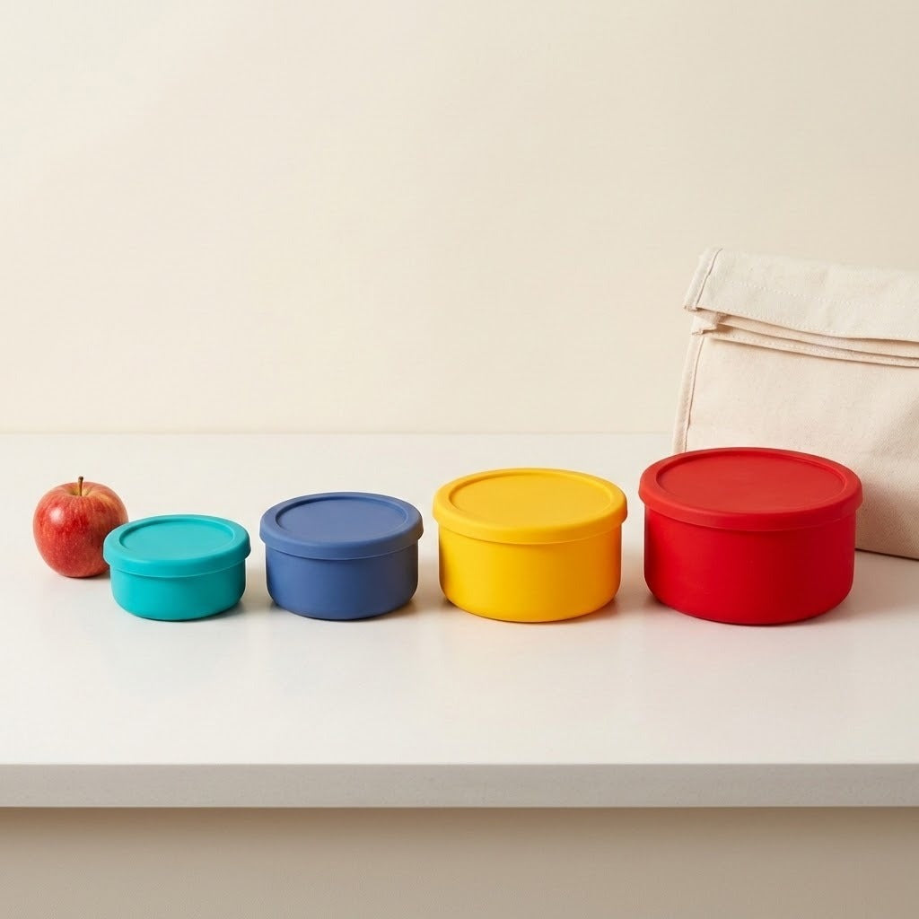 Five round silicone lunch containers in teal, blue, yellow, and red, arranged in ascending size order on a white shelf next to a red apple and a beige fabric bag.