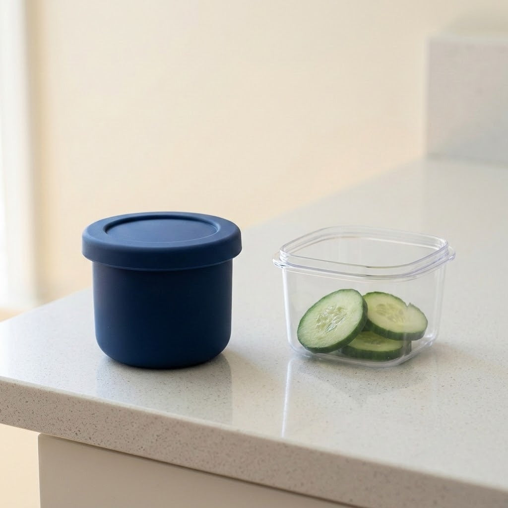 A dark blue silicone food storage container with a matching lid sits on a light speckled countertop next to a clear plastic container holding cucumber slices.