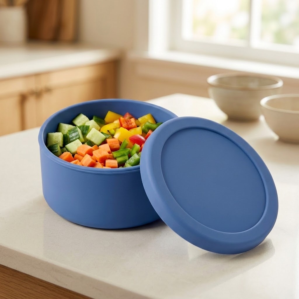 A blue round food storage container with its lid leaning against it, filled with chopped vegetables, set on a kitchen counter with bowls in the background.