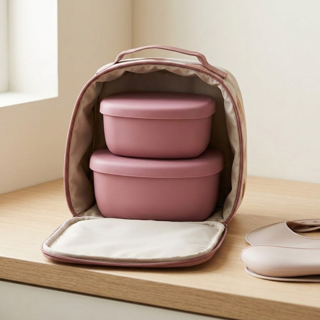 A pink insulated lunch bag with two stacked pink containers inside, shown open on a light wood surface in a softly lit indoor setting.
