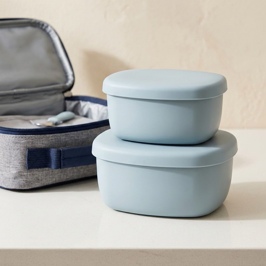 Two stacked light blue plastic lunch containers with matching lids sit on a white surface, with an open gray lunch bag in the background.