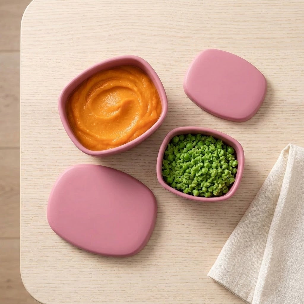 A set of pink silicone baby feeding bowls with matching lids, shown on a light wood tabletop. One bowl contains orange puree and the other contains green peas, with the lids placed beside them and a folded cream cloth in the corner.