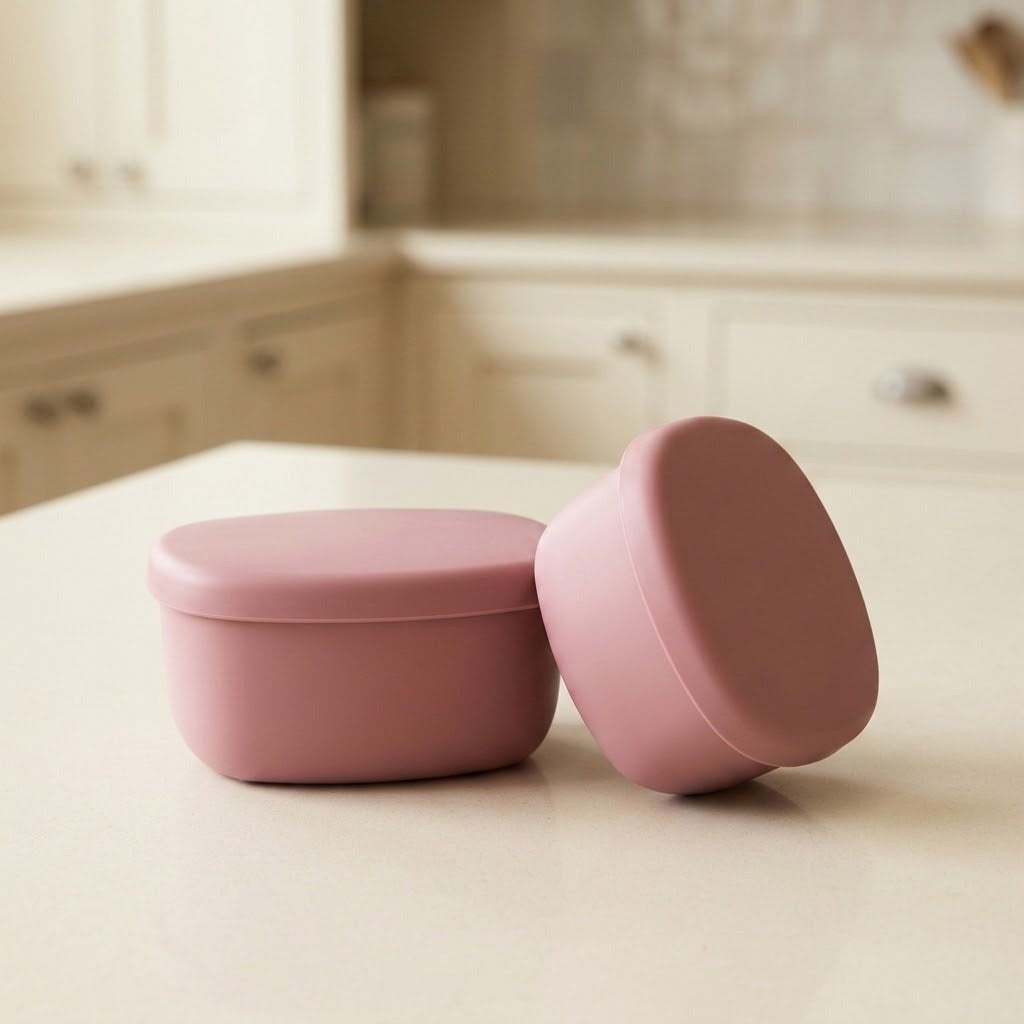 Two matte dusty pink silicone containers with oval lids, one standing upright and the other tilted, resting on a light beige countertop with a softly blurred kitchen background.