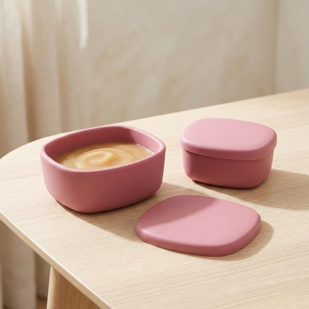 A set of three matte pink silicone containers, including one open container filled with a beige cream and two closed containers, arranged on a light wood table.
