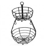 A black metal two-tier wire basket stand with a central vertical handle and hanging loops, shown on a plain white background.