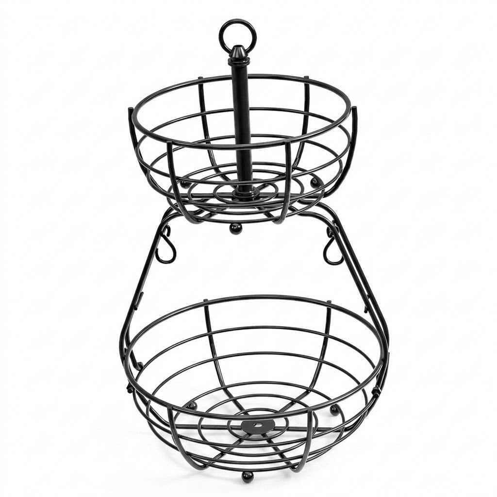 A black metal two-tier wire basket stand with a central vertical handle and hanging loops, shown on a plain white background.