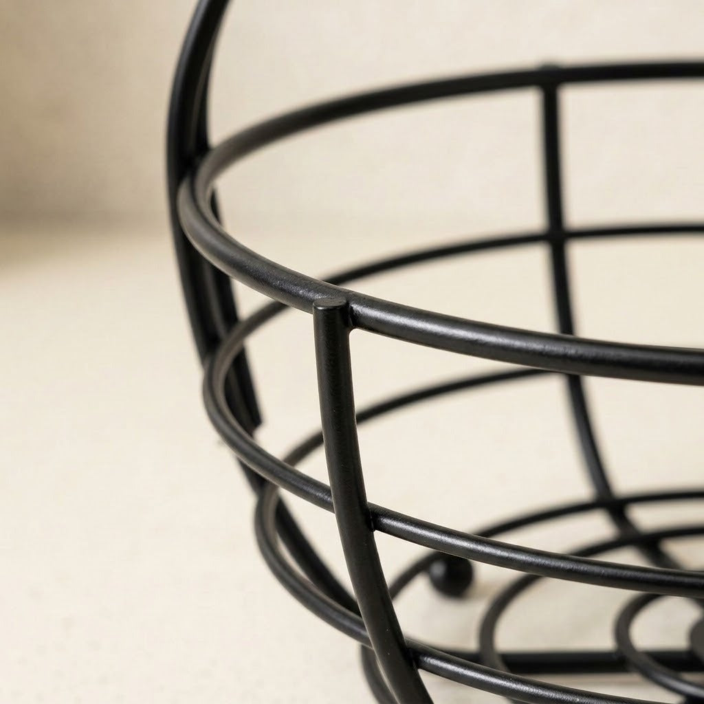 Close-up of a black metal wire basket or planter with a rounded oval shape, photographed against a light beige background.