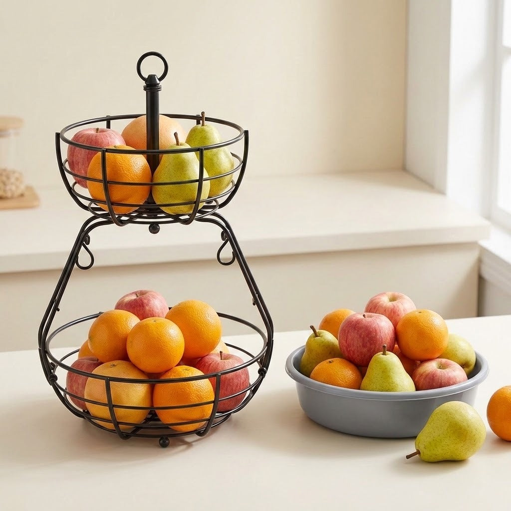 A two-tier black wire fruit basket filled with oranges, apples, and pears, displayed on a light cream table next to a gray bowl of fruit in a bright kitchen setting.