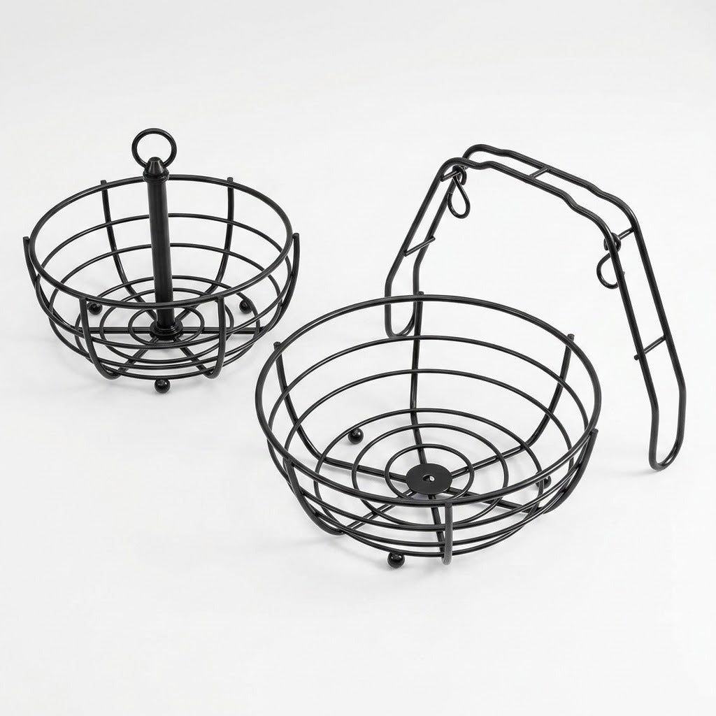 Two black metal wire basket holders with loop handles, shown on a clean white background.