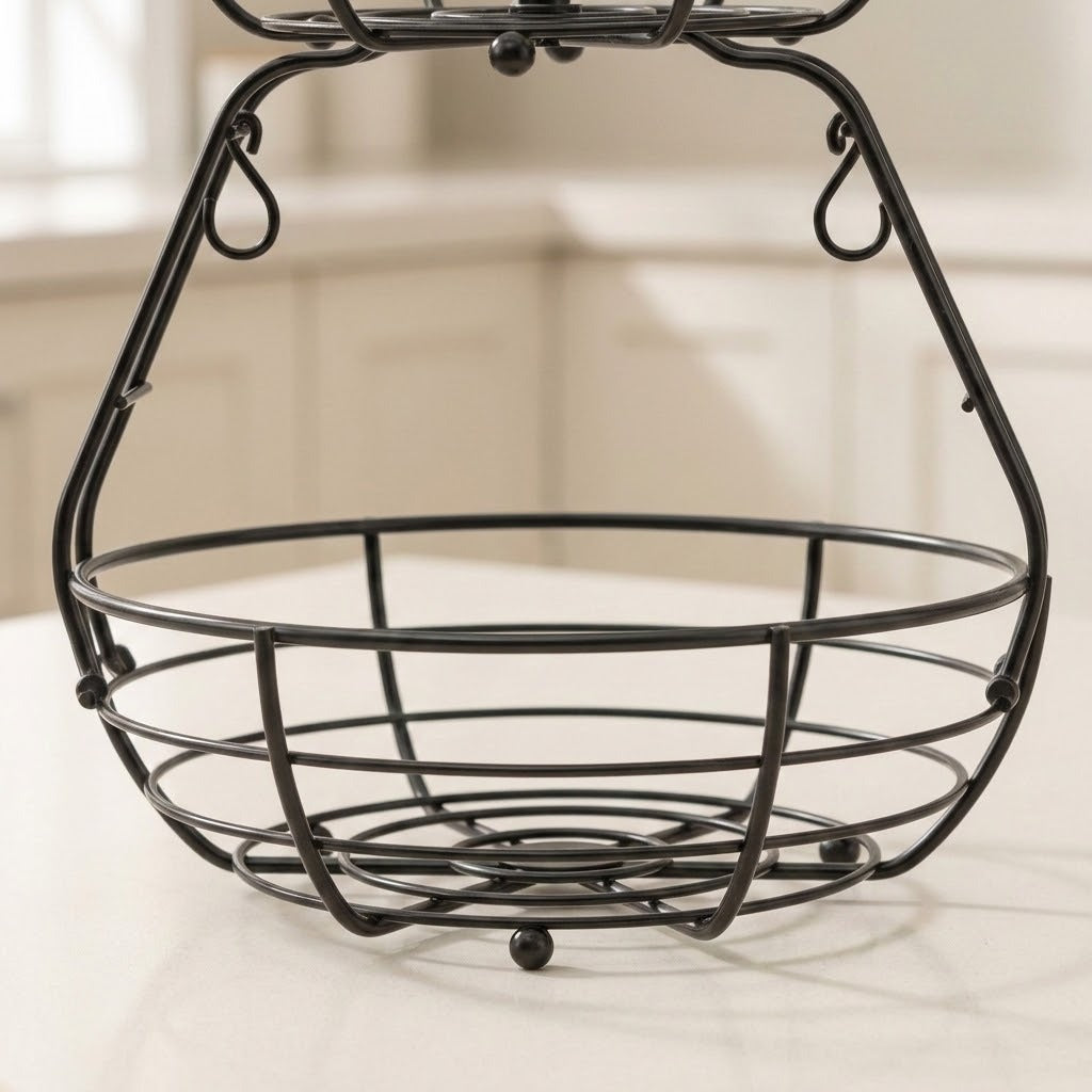 Black metal wire basket with a top tier and hanging loops, shown on a light countertop with a blurred kitchen background.