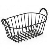 A black metal wire basket with two spiral-style handles, shown on a plain white background.