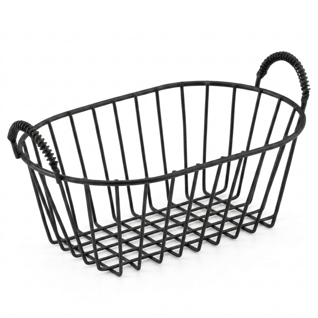 A black metal wire basket with two spiral-style handles, shown on a plain white background.