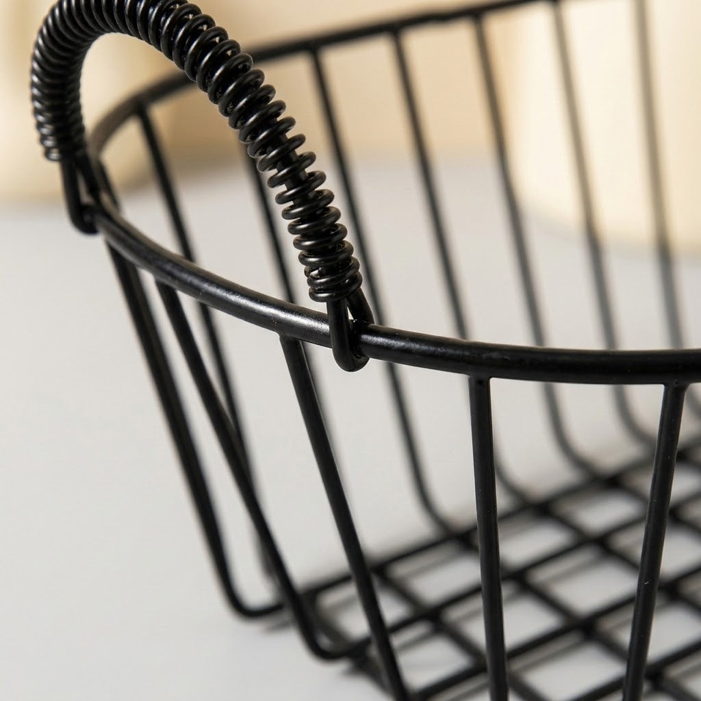 Close-up of a black metal wire basket with a coiled spring-style handle, shown on a light neutral background.