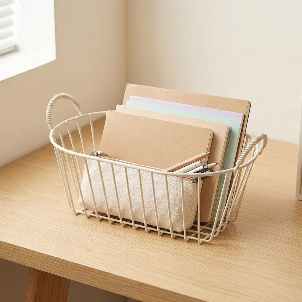 A cream-colored wire desk organizer basket with rope handles, holding notebooks, folders, and a small pouch, placed on a light wood desk in a softly lit room.