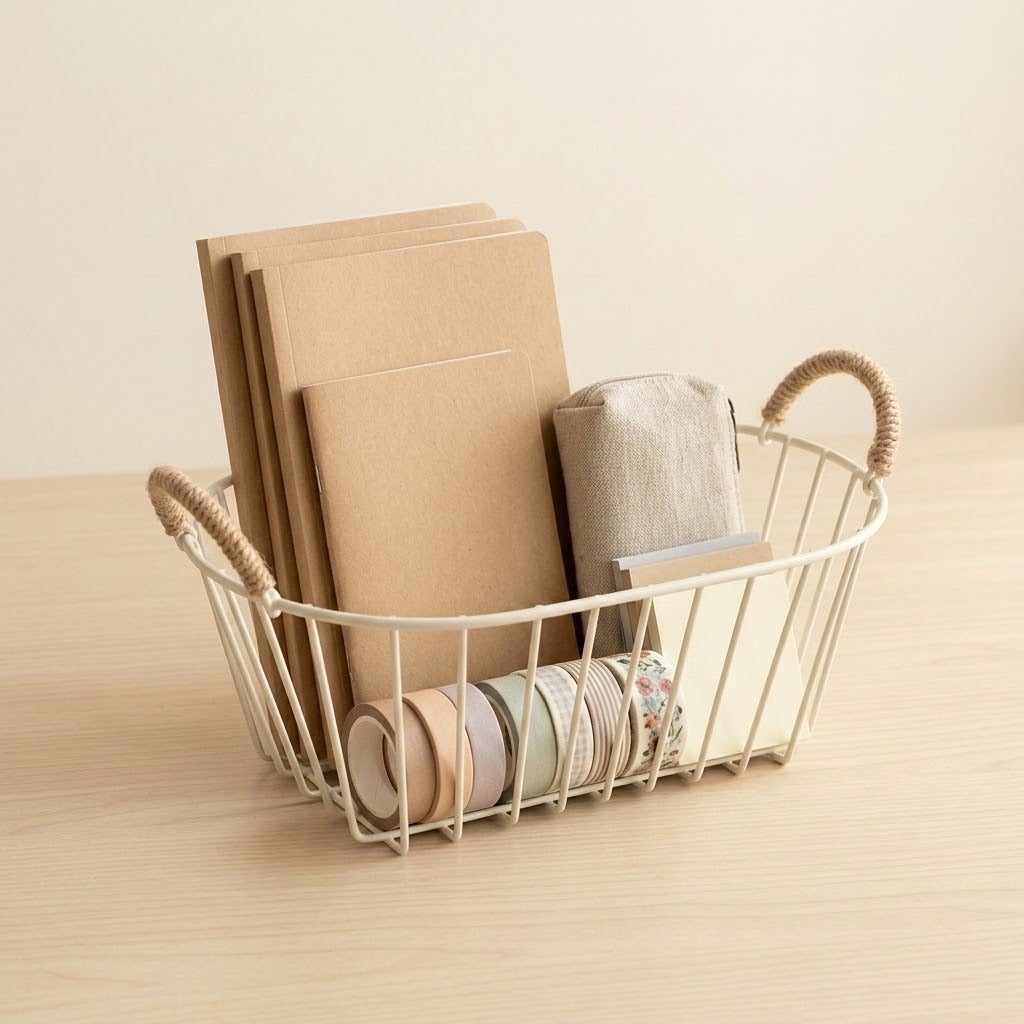 A white wire basket with rope handles sits on a light wood table, holding kraft paper folders, a beige fabric pouch, and rolls of washi tape.