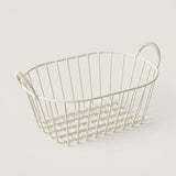 An oval metal wire basket with rope-style handles, shown on a plain light beige background.