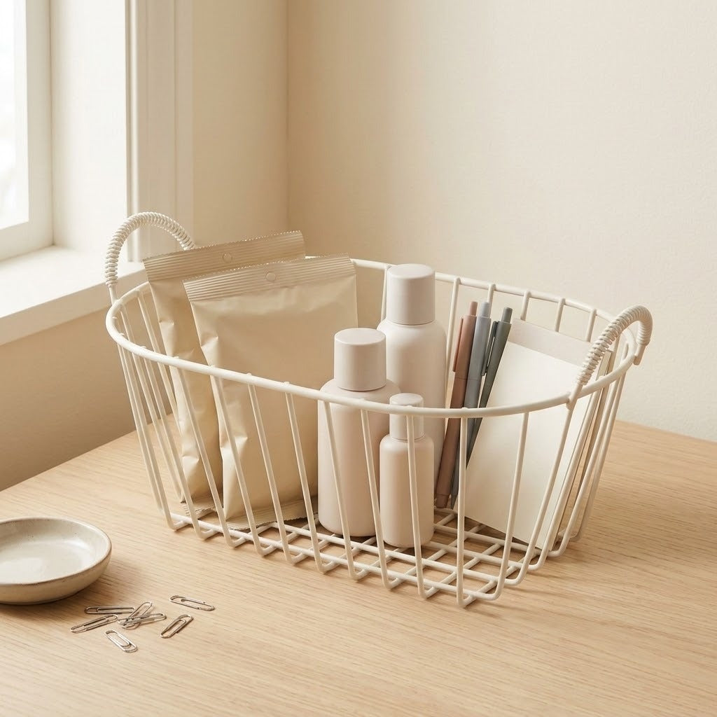 A cream-colored wire storage basket with rope handles sits on a light wood table next to a window, holding various cosmetic and household items.